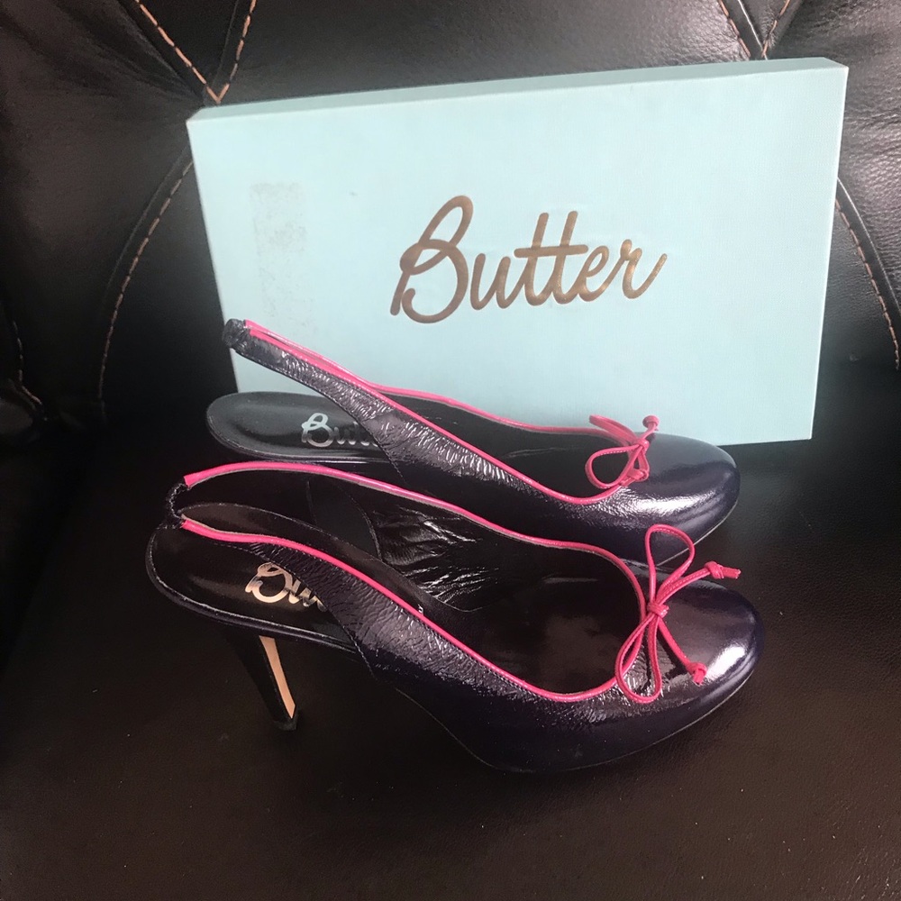 Navy blue leather sling back shoe.  New
